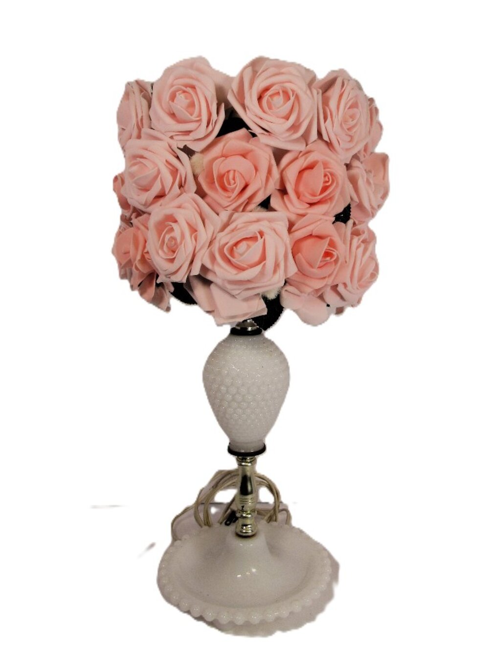 SHABBY CHIC MID CENTURY MILK GLASS BOUDOIR LAMP WITH ROSE SHADE 18"